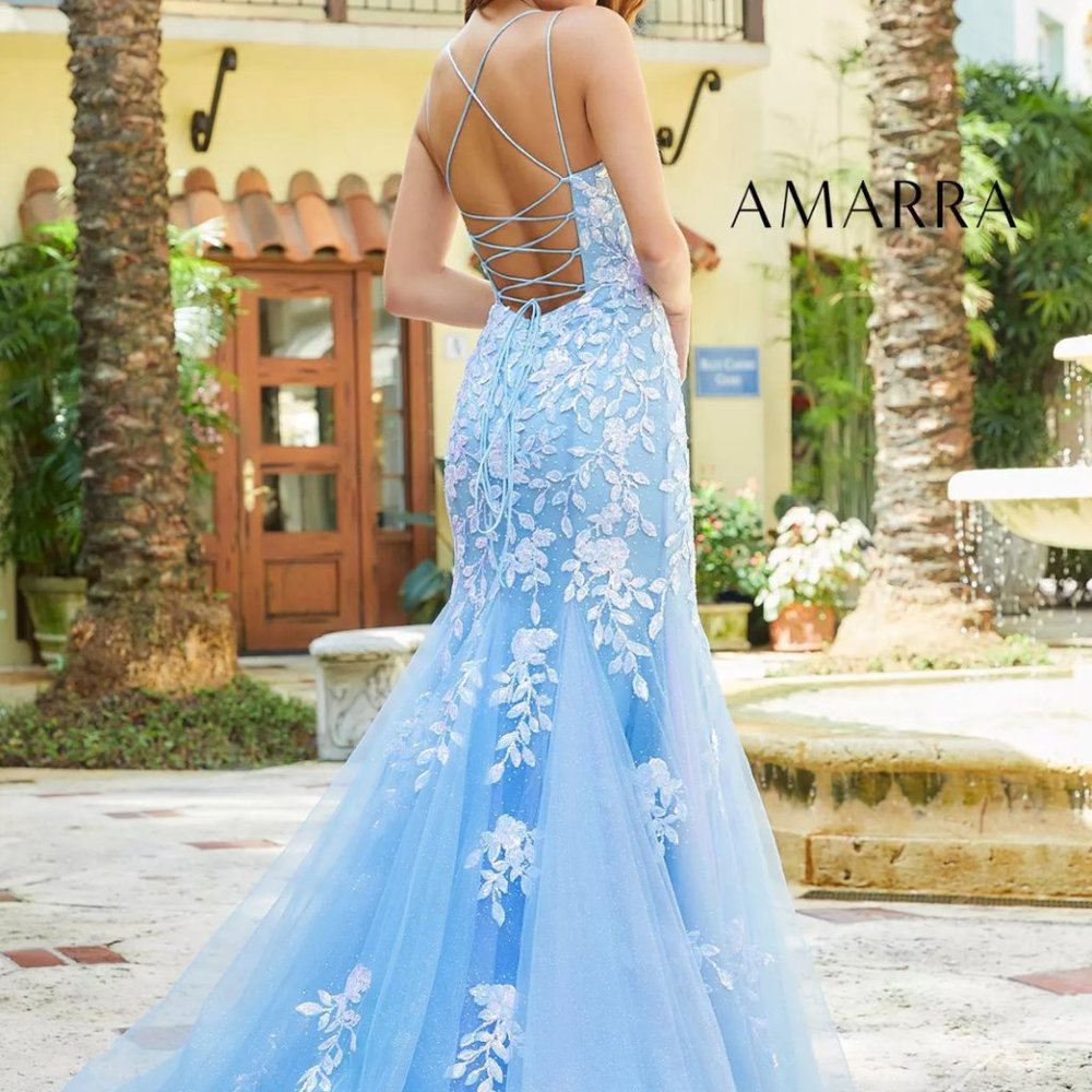 AMARRA 87317 Floral Sequin Prom Gown - BRAND NEW (Blue/White) - Picture 2 of 8